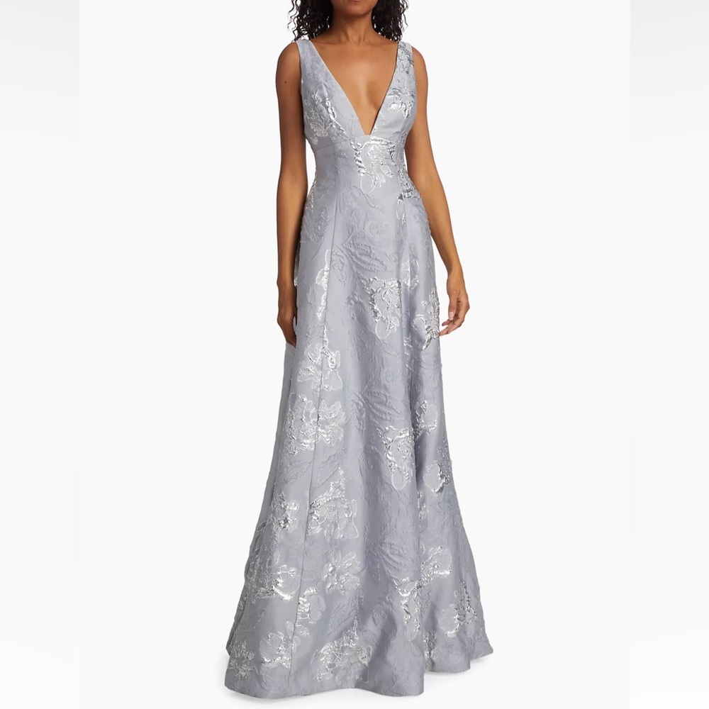 ML Monique Lhuillier madeline jacquard long dress prom silver